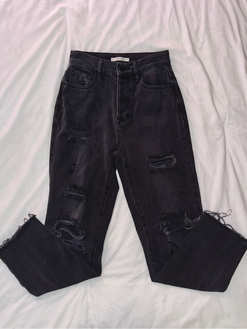 PacSun Black Distressed High Rise Straight Leg Ripped Jeans - Picture 2 of 6